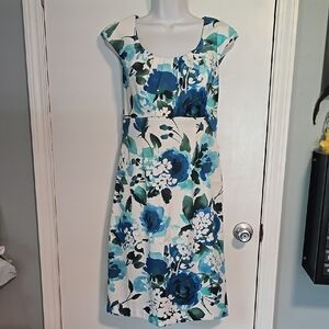 Connected Apparel Blue and White Floral Midi Dress